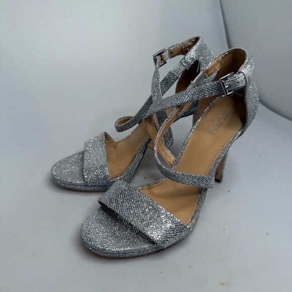 Michael Kors Open Toe Strappy Heel Glitter Silver Size 8M - 4.5" Heel - Picture 3 of 16
